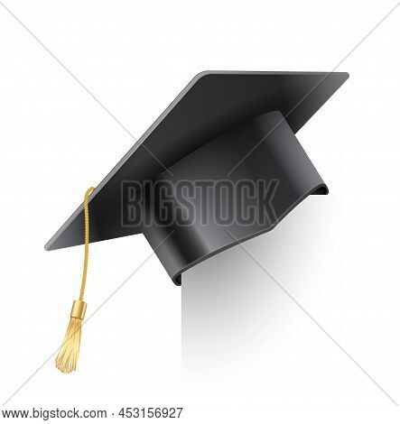 Vector Realistic Mortar Board Hat With Golden Tassel. Graduation Cap. University Graduation Black Ha