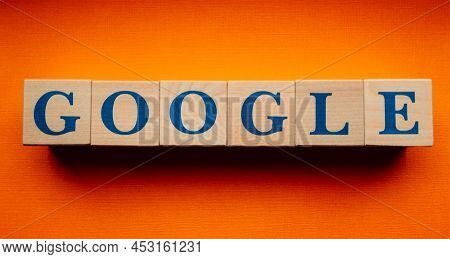January 31, 2022. Mountain View, California. The Name Of The Google Company, Laid Out From Wooden Cu