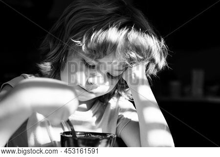 Kids Food Concept. Child Having Breakfast At Home. Healthy Homefood. Boy Eats At Kitchen.