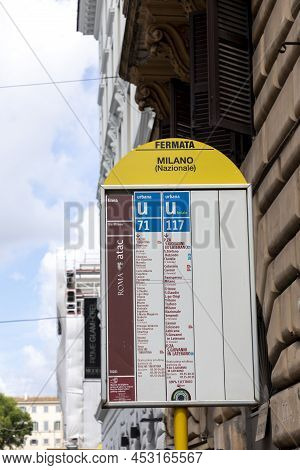 Rome, Italy - August 5, 2021: Timetable Of Public Bus Company Atac In Rome, Italy At Station Milano.