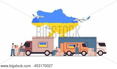 Volunteers Giving Help Boxes With Ukraininan Flag To Refugees Humanitarian Aid Material Assistance G
