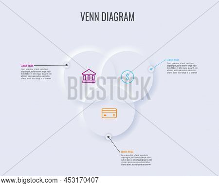 Neumorphic Venn Diagram, Vector Business Chart With Bank Building, Dollar Sign And Credit Card Insid