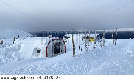 View Of The Snow-covered Module Of The Vologda Gran Mountain Camp In The Ural Mountains. Beautiful W