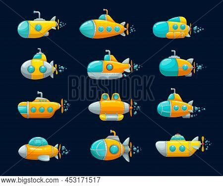 Cartoon Submarine, Yellow Underwater Ship Game Asset. Isolated Vector Sea Vehicles With Periscope, P