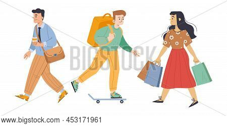 Diverse Passerby People Walk On City Street, Student Teenager With Backpack Riding On Skateboard, Bu