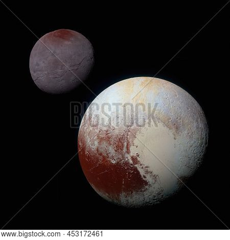 Planet Pluto And His Moon Charon. Elements Of This Image Were Furnished By Nasa.