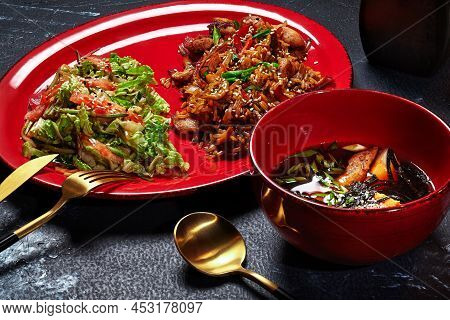 Japanese Style Set Lunch Of Miso Soup, Chahan With Chicken And Vegetable Salad