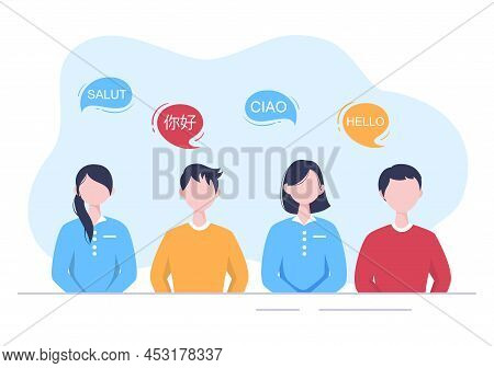 Translator Or Translation Language Illustration. Say Hello In Different Countries And Multilingual I