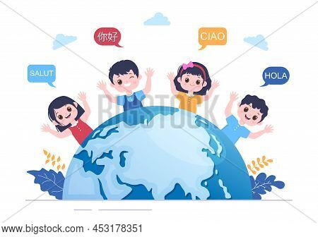 Translator Or Translation Language Illustration. Say Hello In Different Countries And Multilingual I
