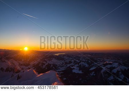 Santis Peak Mountain Switzerland. Spectacular View, Sunset. Winter Snow Covered Mountains