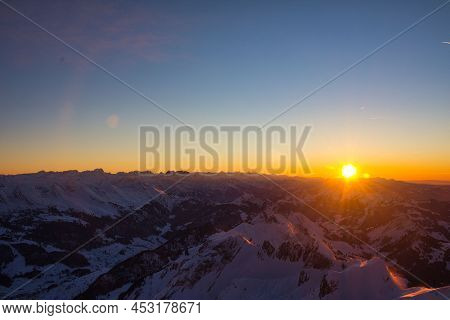 Santis Peak Mountain Switzerland. Spectacular View, Sunset. Winter Snow Covered Mountains