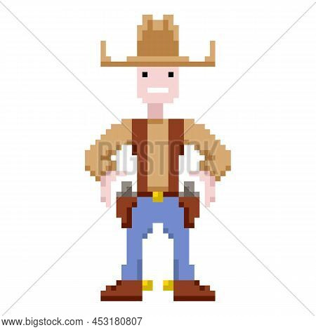 Pixel Art Cowboy Holding A Gun. Gunslinger Vector Illustration