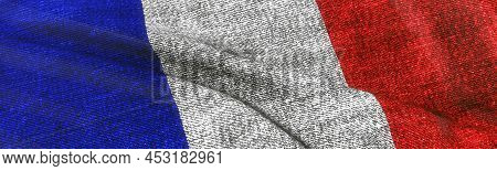 Close Of Grunge Flag Of France. Grunge French Flag Abstract 3d Illustration. Dark And Grungy Nationa