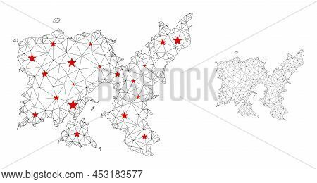 Polygonal Mesh Limnos Greek Island Map With Red Star Centers. Abstract Mesh Connected Lines And Star