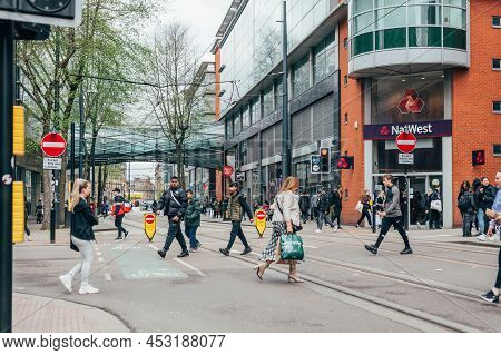 Manchester, England, Uk - 13 April, 2022 City Centre Of Manchester During Springtime. People During 