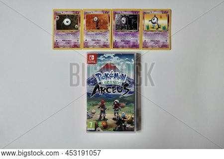 Prague, Czech Republic - April 3 2022: Pokemon Legends Arceus Case Isolated On White Background A Vi