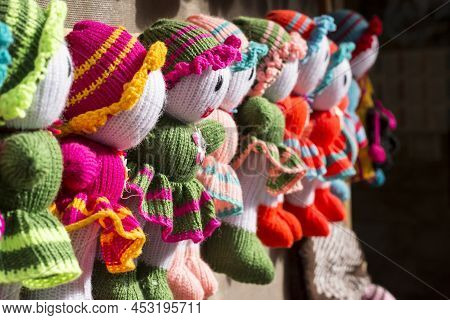 Masuleh, Iran - December 22, 2017 Colorful Handmade Knitted Dolls At Different Colors In Bazaar Souv