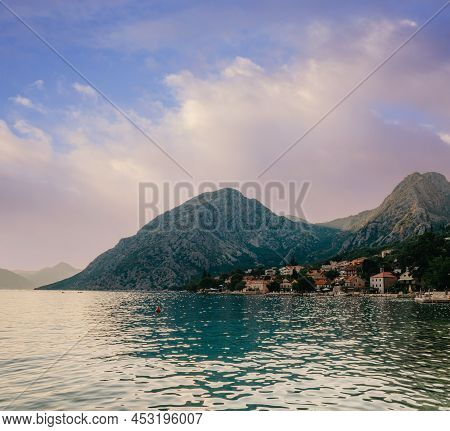 Sunset, Beautiful Landscape With Silhouettes Of Trees. Travel Concept. Montenegro, Kotor Bay. Sunset