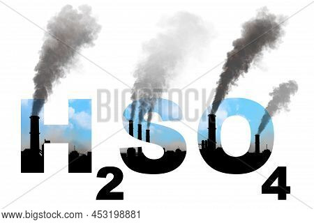 H2so4 Text, Factory Big Chimneys - Pollution Concept On White Background, Isolated - Industrial 3d R