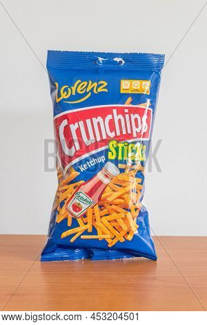 Pruszcz Gdanski, Poland - April 15, 2022: Lorenz Crunchips Ketchup Flavoured Chips.