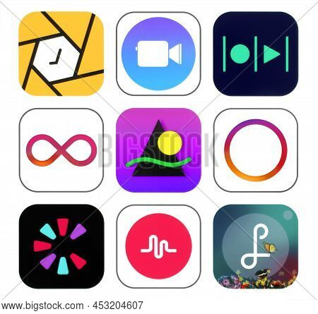 Kiev, Ukraine - February 08, 2022: Set Of Popular Mobile Apps To Prepare Video For Social Media: Fra