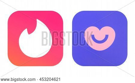 Kiev, Ukraine - February 08, 2022: Set Of Popular Dating Mobile Apps Icons: Tinder And Badoo, Printe