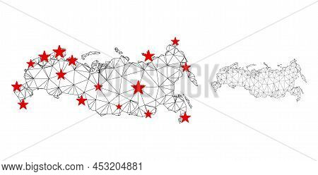 Polygonal Mesh Russia Map With Red Star Centers. Abstract Network Connected Lines And Stars Form Rus