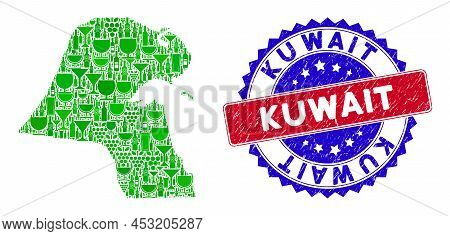 Vector Collage Of Wine Kuwait Map With Grunge Bicolor Kuwait Seal Stamp. Red And Blue Bicolored Impr