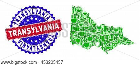 Vector Collage Of Wine Australian Victoria Map With Grunge Bicolor Transylvania Stamp. Red And Blue 
