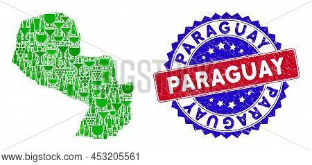 Vector Combination Of Wine Paraguay Map And Grunge Bicolor Paraguay Stamp. Red And Blue Bicolored St