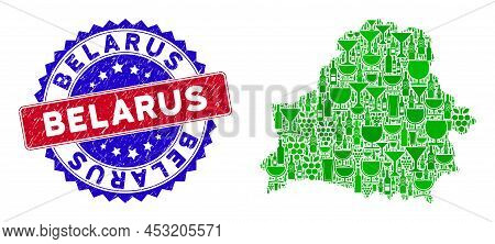 Vector Collage Of Wine Belarus Map With Grunge Bicolor Belarus Stamp. Red And Blue Bicolored Seal Wi