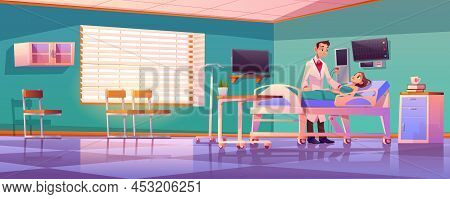 Hospital Ward With Doctor And Patient On Adjustable Bed. Vector Cartoon Illustration Of Sick Woman A