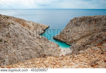 Bay With Seitan Limania Beach Among Rocks With Azure Water, Crete.