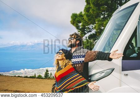 Van Life And Travel Destination Concept. Man And Woman Excited For New Arrival In The Nature Opening