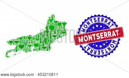 Vector Collage Of Wine Piaui State Map And Grunge Bicolor Montserrat Stamp. Red And Blue Bicolored W