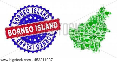 Vector Collage Of Wine Borneo Island Map With Grunge Bicolor Borneo Island Seal. Red And Blue Bicolo