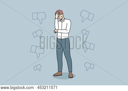 Unhappy Businessman Stressed With Negative Feedback Or Bad Career News. Upset Male Employee Distress