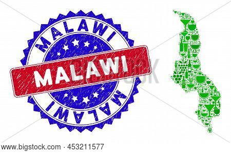 Vector Composition Of Wine Malawi Map And Grunge Bicolor Malawi Seal. Red And Blue Bicolored Badge W