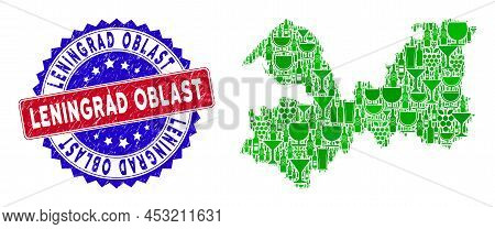 Vector Collage Of Wine Leningrad Oblast Map With Grunge Bicolor Leningrad Oblast Seal. Red And Blue 