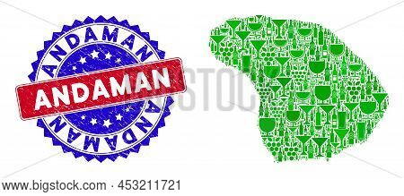 Vector Collage Of Wine Lanai Island Map And Grunge Bicolor Andaman Seal Stamp. Red And Blue Bicolore