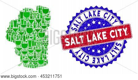 Vector Collage Of Wine Tahoe Lake Map With Grunge Bicolor Salt Lake City Seal. Red And Blue Bicolore