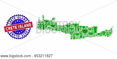 Vector Collage Of Wine Crete Island Map And Grunge Bicolor Crete Island Stamp. Red And Blue Bicolore
