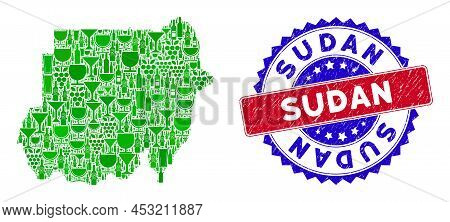 Vector Composition Of Wine Sudan Map With Grunge Bicolor Sudan Seal. Red And Blue Bicolored Seal Wit