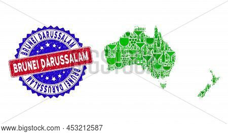 Vector Collage Of Wine Australia And New Zealand Map And Grunge Bicolor Brunei Darussalam Seal. Red 