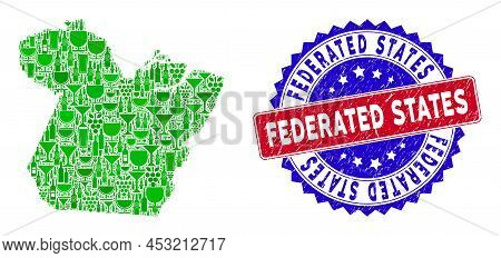 Vector Collage Of Wine Paral State Map And Grunge Bicolor Federated States Seal. Red And Blue Bicolo