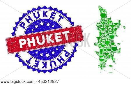 Vector Collage Of Wine Phuket Map And Grunge Bicolor Phuket Seal Stamp. Red And Blue Bicolored Stamp