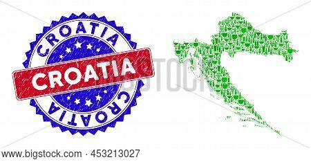 Vector Collage Of Wine Croatia Map And Grunge Bicolor Croatia Seal Stamp. Red And Blue Bicolored Bad