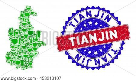 Vector Composition Of Wine Tianjin City Map With Grunge Bicolor Tianjin Seal. Red And Blue Bicolored