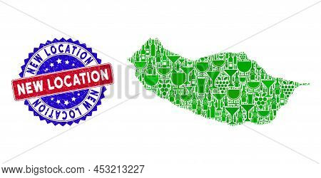 Vector Collage Of Wine Portugal Madeira Island Map With Grunge Bicolor New Location Seal Stamp. Red 