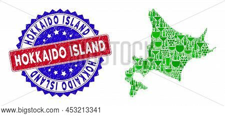 Vector Composition Of Wine Hokkaido Island Map With Grunge Bicolor Hokkaido Island Seal Stamp. Red A